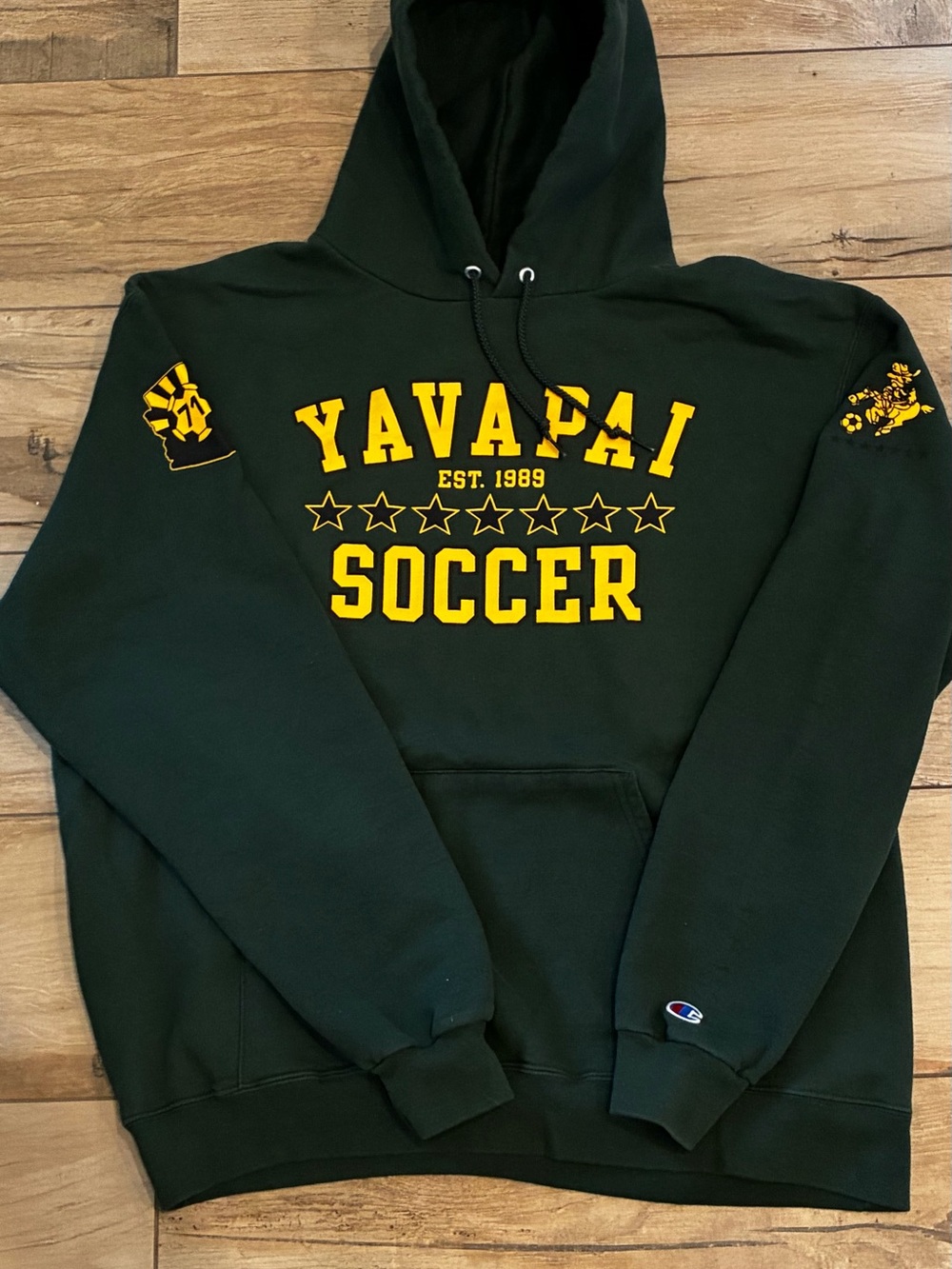 Mens Champion Dark Green Yavapai Soccer Hoodie with Gold Graphics size XL